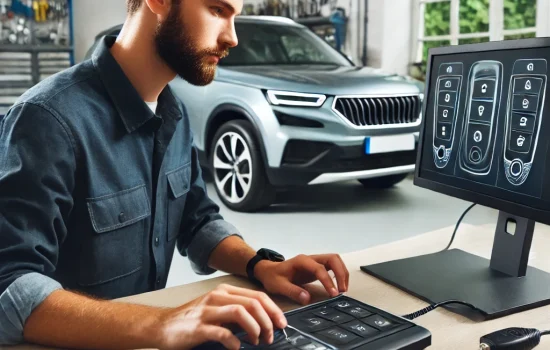 Professional Car Key Duplication & Programming Services A car key being precisely cut on a key-cutting machine, with metal shavings visible, while a technician programs a car key in the background.