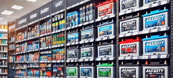 High-Quality Car Batteries – Wide Selection & Reliable Performance display of various car battery brands in an auto parts store, neatly stocked with different battery models.