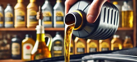 Premium Engine Oil for Optimal Vehicle Performance pouring golden engine oil into a car engine, with neatly stocked oil bottles in the background.