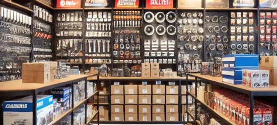 spare parts doha A well-organized automotive parts store featuring shelves stocked with various car accessories, tools, and spare parts.